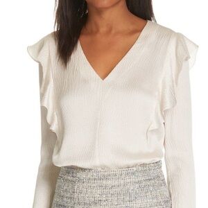 Rebecca Taylor Hammered Silk Ruffle Long Sleeve Blouse | Antique Cream | Size 0